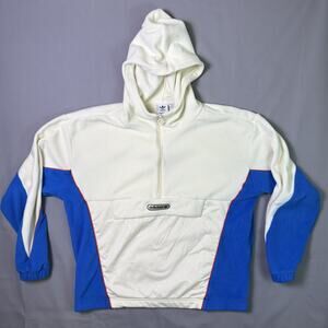 Adidas Womens Fleece Hoodie Medium Cream Blue Red Quarter Zip Large Pocket